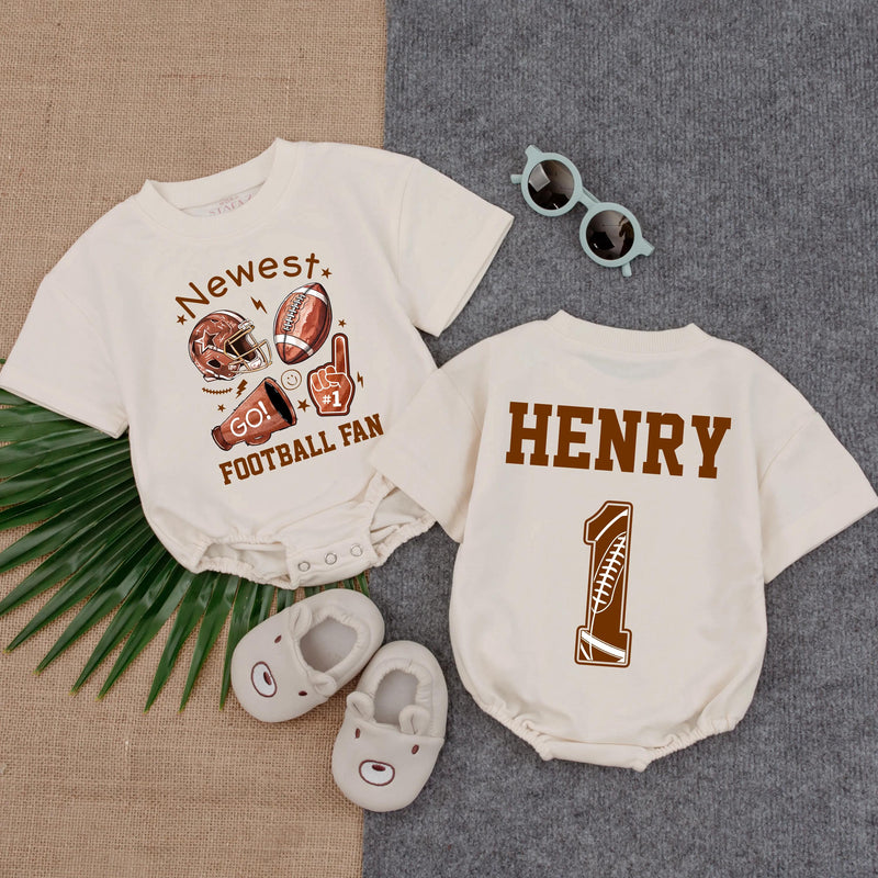 Personalized Football Fan Baby Romper Custom Name Number Sporty Outfit Infant Birthday Gift Brown Orange Design