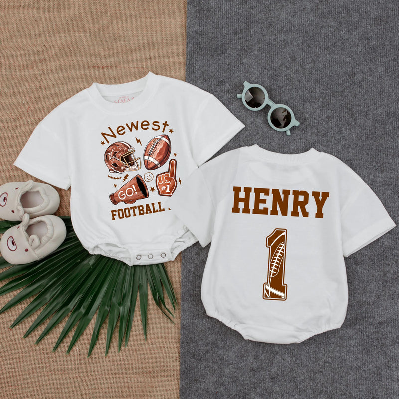 Personalized Football Fan Baby Romper Custom Name Number Sporty Outfit Infant Birthday Gift Brown Orange Design