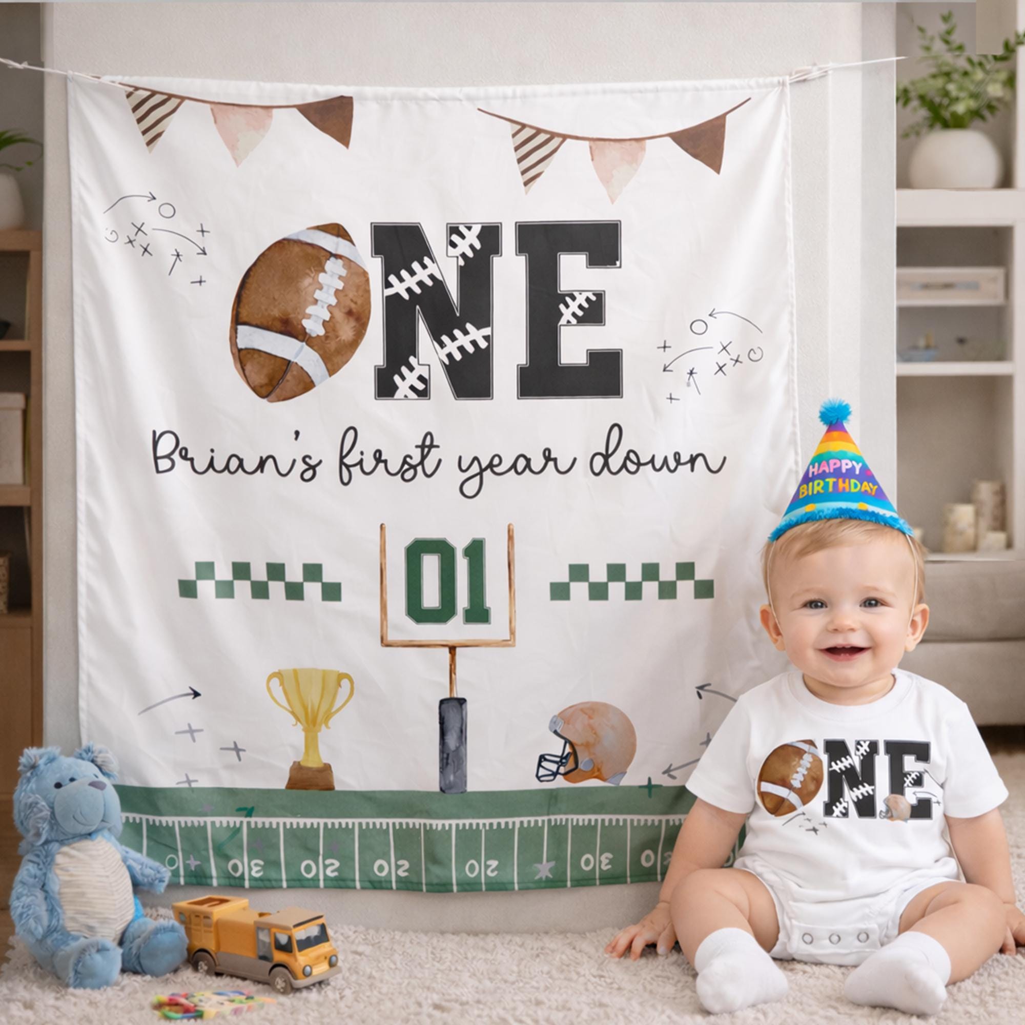 Personalized Football First Birthday Banner and Romper for Boys, Custom Name Cake Smash Outfit, Sports-Themed Party Decor with Trophy Design