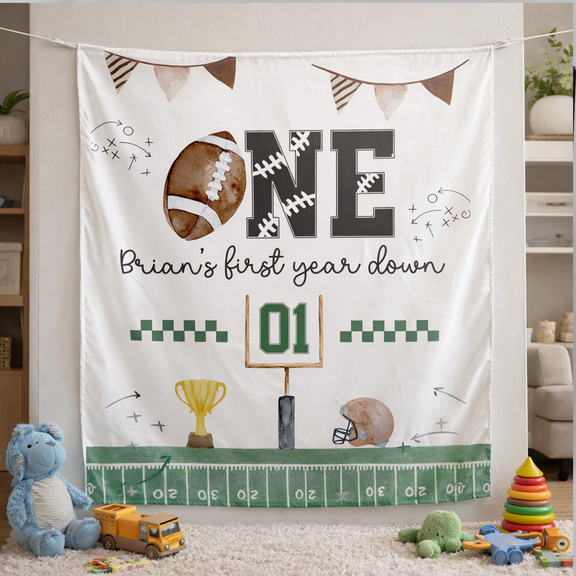 Personalized Football First Birthday Banner and Romper for Boys, Custom Name Cake Smash Outfit, Sports-Themed Party Decor with Trophy Design
