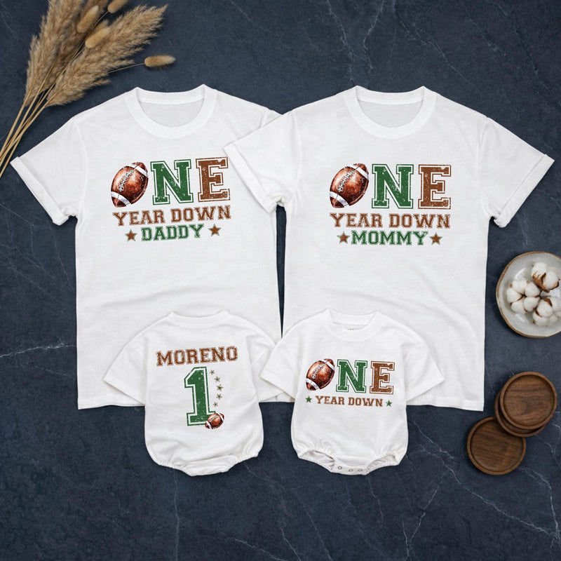 Personalized Football First Birthday Outfit Baby Romper Matching Family Shirts Custom 1 Year Down Design Toddler Cake Smash Party Clothes