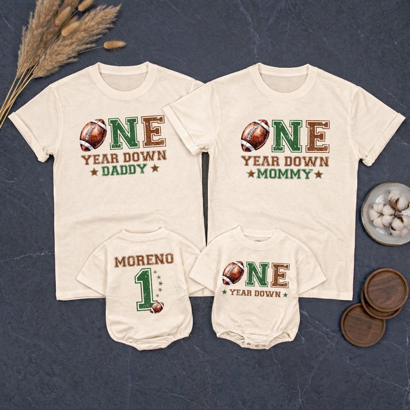 Personalized Football First Birthday Outfit Baby Romper Matching Family Shirts Custom 1 Year Down Design Toddler Cake Smash Party Clothes