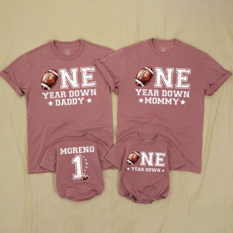 Personalized Football First Birthday Outfit Baby Romper Matching Family Shirts Custom 1 Year Down Design Toddler Cake Smash Party Clothes