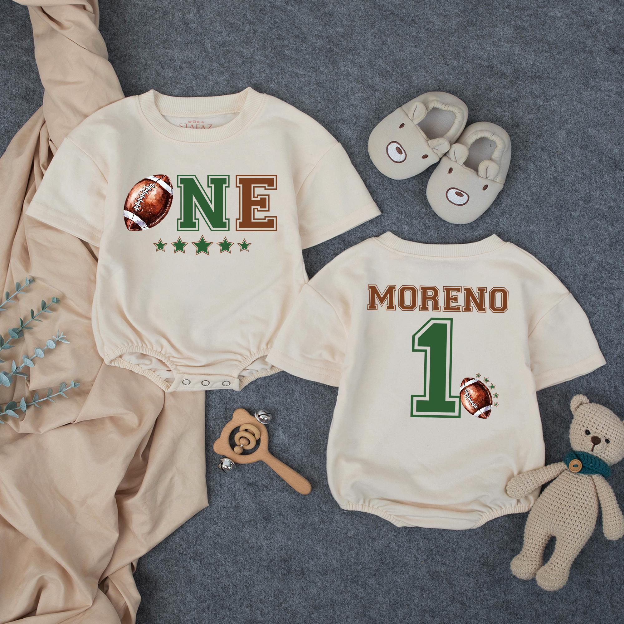 Personalized Football First Birthday Romper for Baby Boy - Custom ONE Design with Name - Soft Cotton Outfit for Milestone Celebration