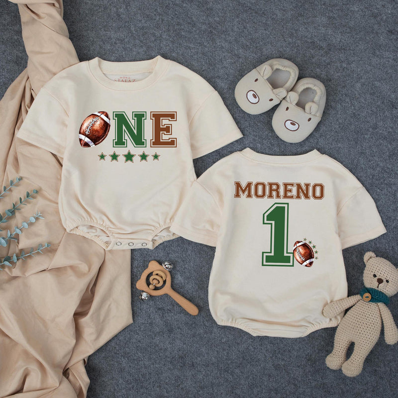 Personalized Football First Birthday Romper for Baby Boy - Custom ONE Design with Name - Soft Cotton Outfit for Milestone Celebration