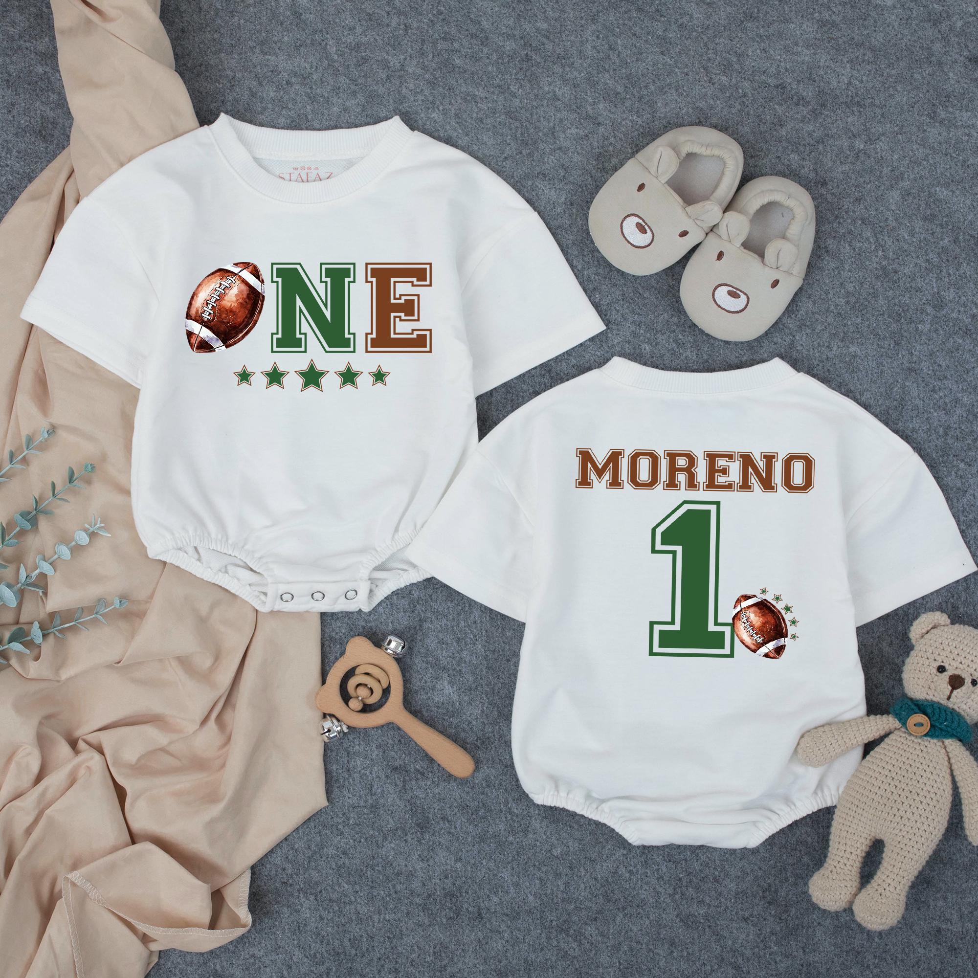 Personalized Football First Birthday Romper for Baby Boy - Custom ONE Design with Name - Soft Cotton Outfit for Milestone Celebration