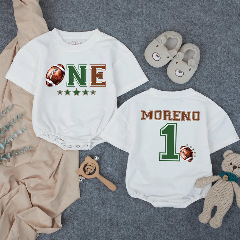 Personalized Football First Birthday Romper for Baby Boy - Custom ONE Design with Name - Soft Cotton Outfit for Milestone Celebration