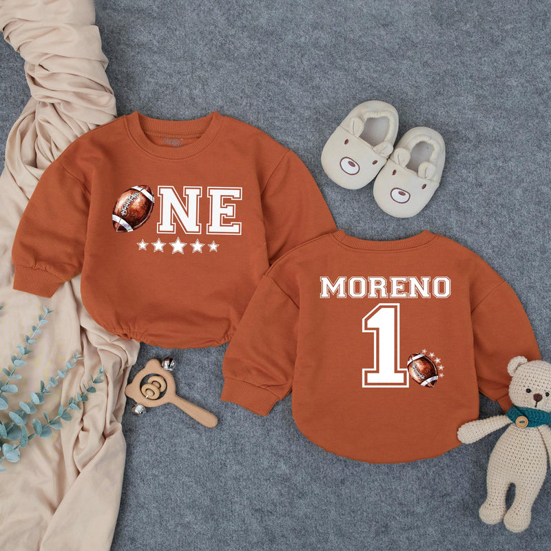 Personalized Football First Birthday Romper for Baby Boy - Custom ONE Design with Name - Soft Cotton Outfit for Milestone Celebration