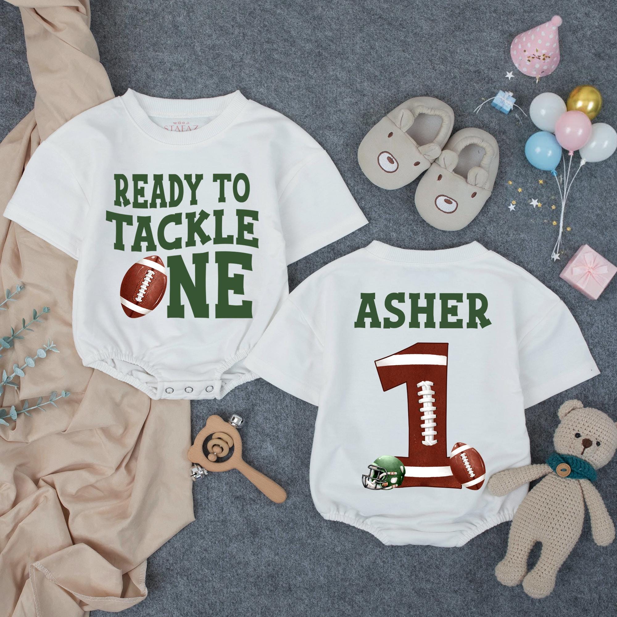 Personalized Football First Birthday Romper with Name & Age, Ready to Tackle One, Baby Boy Cotton Bodysuit, Long & Short Sleeve Outfit