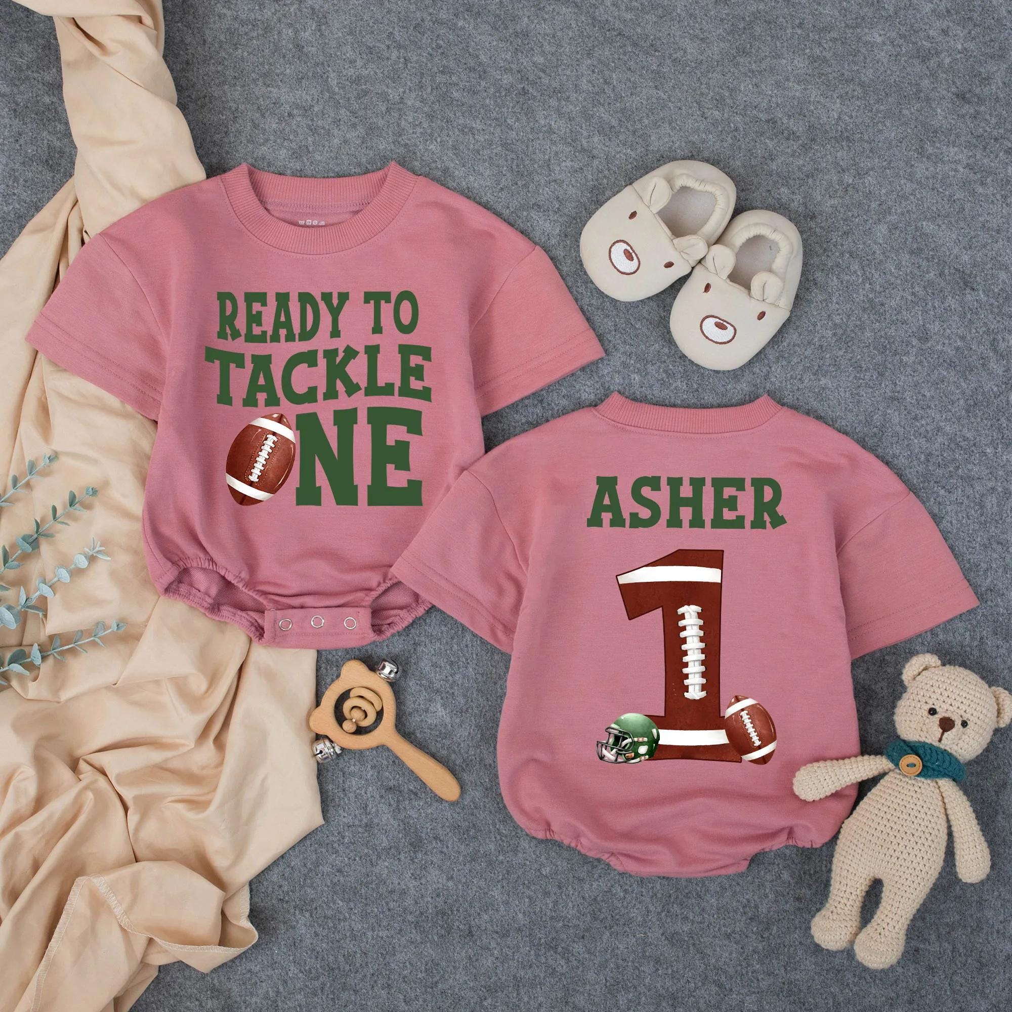 Personalized Football First Birthday Romper with Name & Age, Ready to Tackle One, Baby Boy Cotton Bodysuit, Long & Short Sleeve Outfit