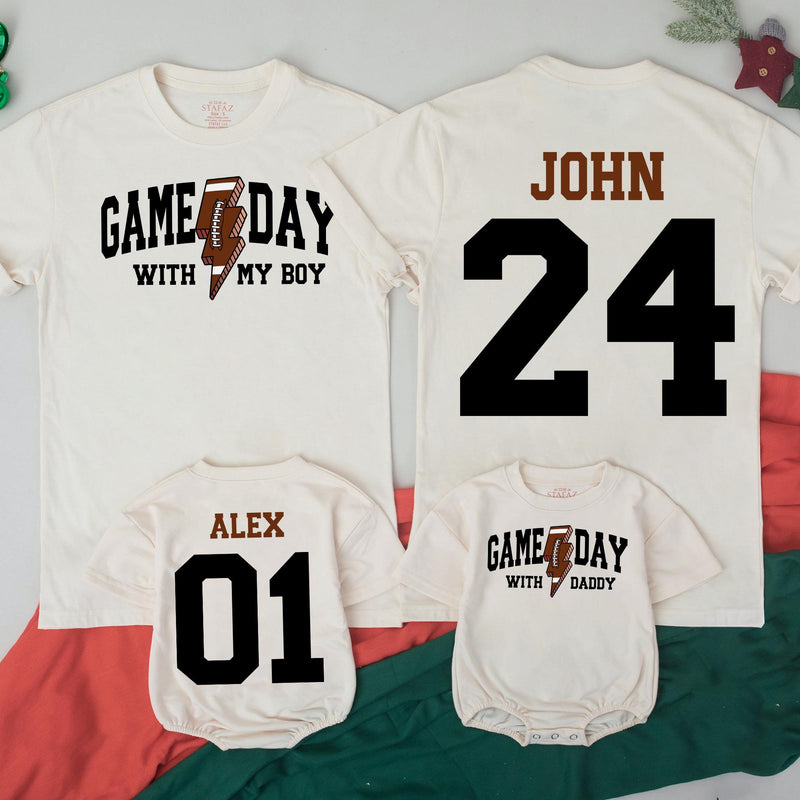 Personalized Football Game Day Shirts for Dad and Son Matching Outfits with Custom Name and Number Varsity Style Baby Toddler Clothes