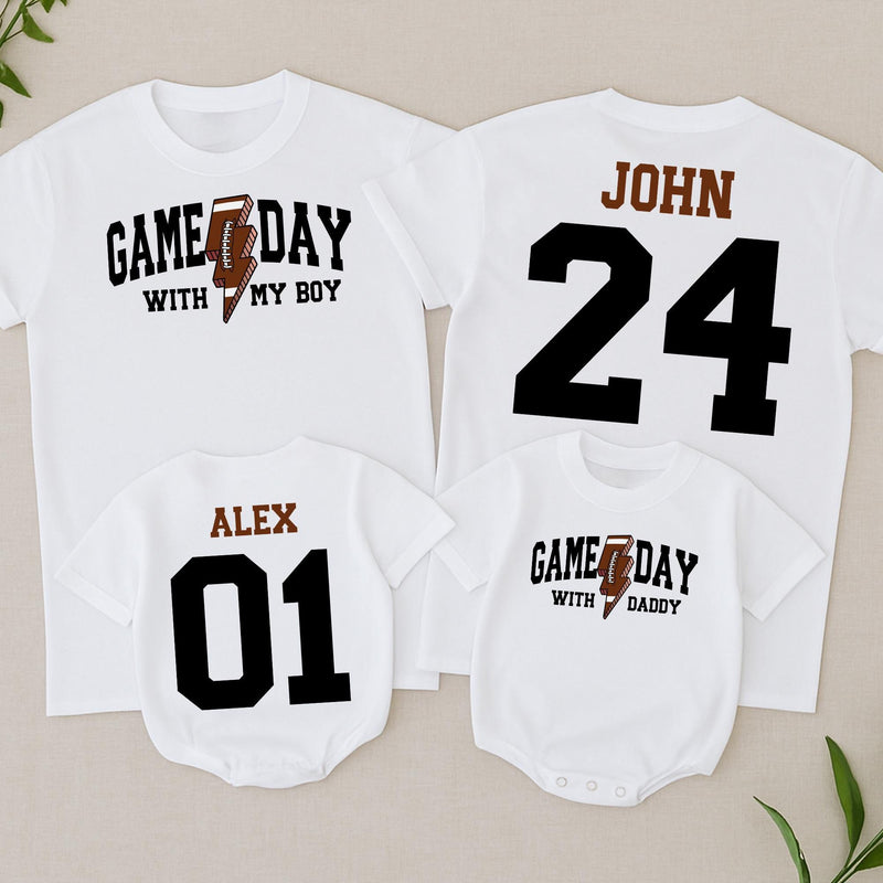 Personalized Football Game Day Shirts for Dad and Son Matching Outfits with Custom Name and Number Varsity Style Baby Toddler Clothes