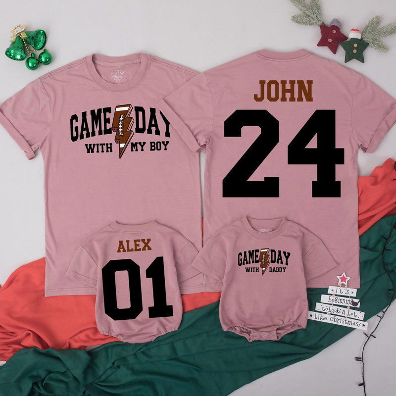 Personalized Football Game Day Shirts for Dad and Son Matching Outfits with Custom Name and Number Varsity Style Baby Toddler Clothes