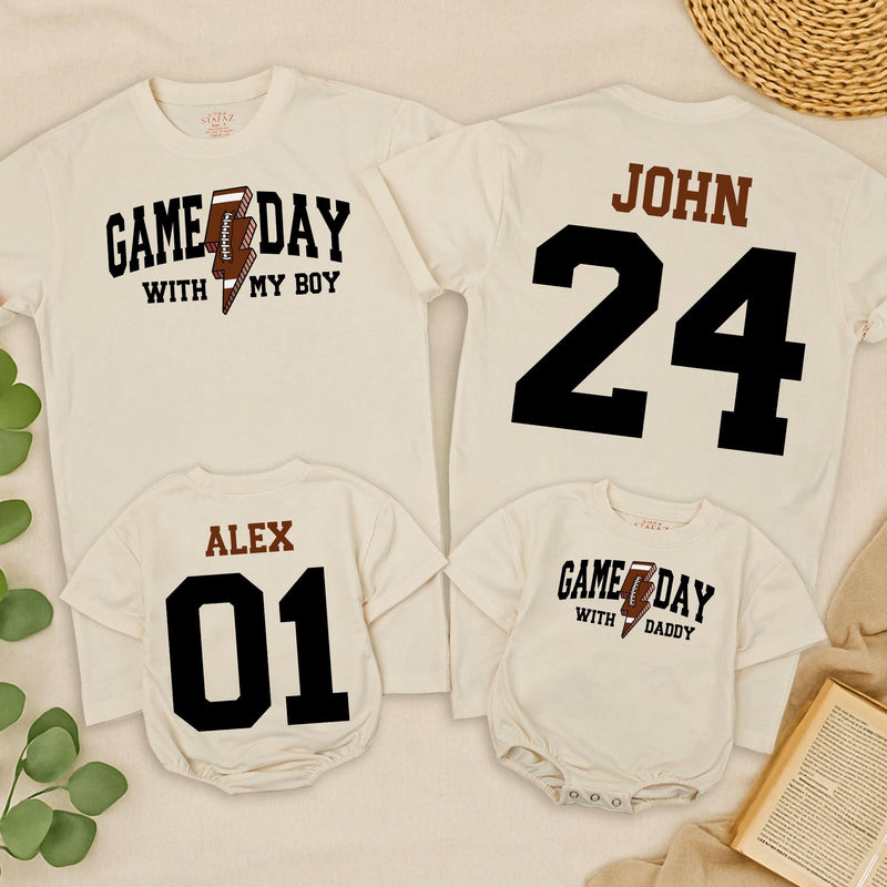 Personalized Football Game Day Shirts for Dad and Son Matching Outfits with Custom Name and Number Varsity Style Baby Toddler Clothes