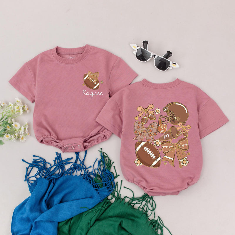 Personalized Football Romper for Baby Girls Game Day Outfit Retro Charm Warm Colors Cozy Toddler Gift Cute Floral Details Birthday Party