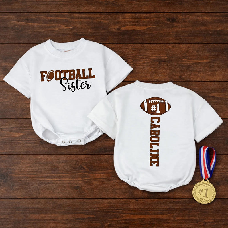 Personalized Football Sister Baby Romper with Custom Name & Number, Soft Cotton Bubble Bodysuit for Game Day and Sports Fan Gifts