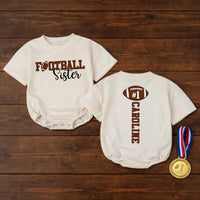Personalized Football Sister Baby Romper with Custom Name & Number, Soft Cotton Bubble Bodysuit for Game Day and Sports Fan Gifts