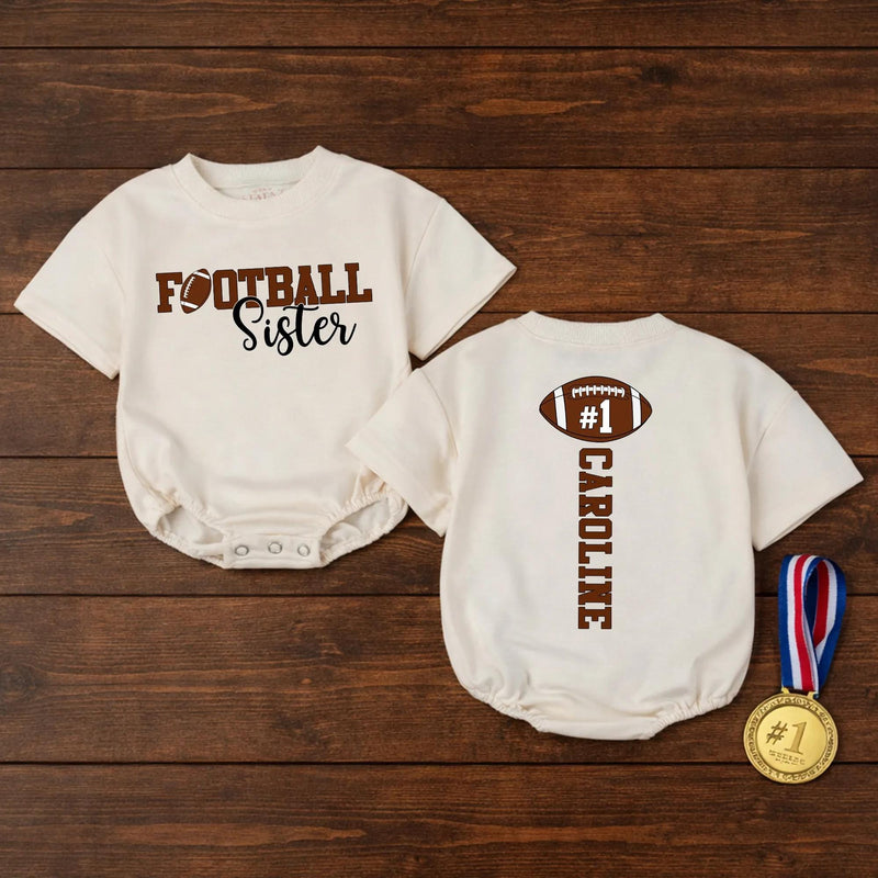 Personalized Football Sister Baby Romper with Custom Name & Number, Soft Cotton Bubble Bodysuit for Game Day and Sports Fan Gifts