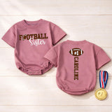 Personalized Football Sister Baby Romper with Custom Name & Number, Soft Cotton Bubble Bodysuit for Game Day and Sports Fan Gifts