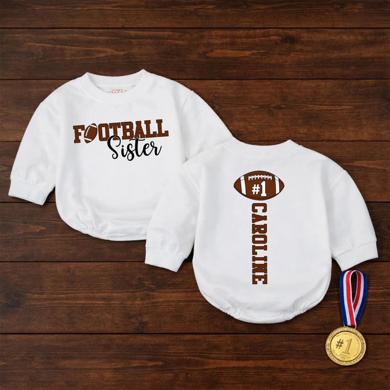 Personalized Football Sister Baby Romper with Custom Name & Number, Soft Cotton Bubble Bodysuit for Game Day and Sports Fan Gifts