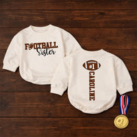 Personalized Football Sister Baby Romper with Custom Name & Number, Soft Cotton Bubble Bodysuit for Game Day and Sports Fan Gifts