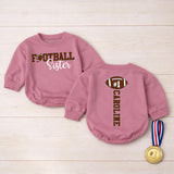 Personalized Football Sister Baby Romper with Custom Name & Number, Soft Cotton Bubble Bodysuit for Game Day and Sports Fan Gifts