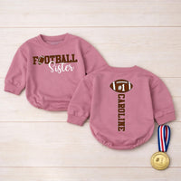 Personalized Football Sister Baby Romper with Custom Name & Number, Soft Cotton Bubble Bodysuit for Game Day and Sports Fan Gifts