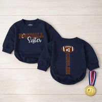 Personalized Football Sister Baby Romper with Custom Name & Number, Soft Cotton Bubble Bodysuit for Game Day and Sports Fan Gifts