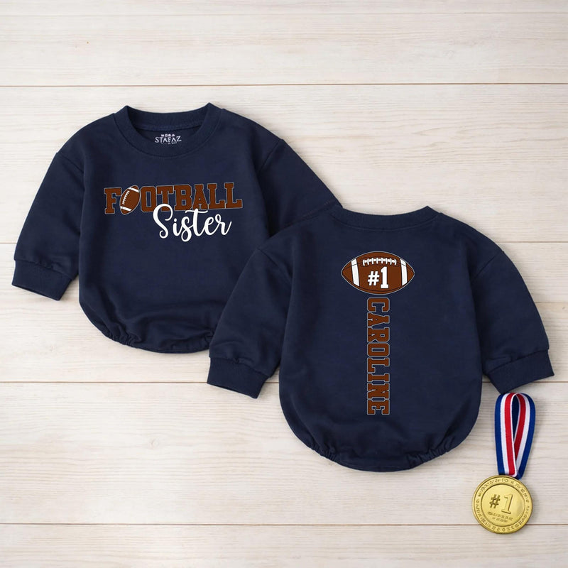Personalized Football Sister Baby Romper with Custom Name & Number, Soft Cotton Bubble Bodysuit for Game Day and Sports Fan Gifts