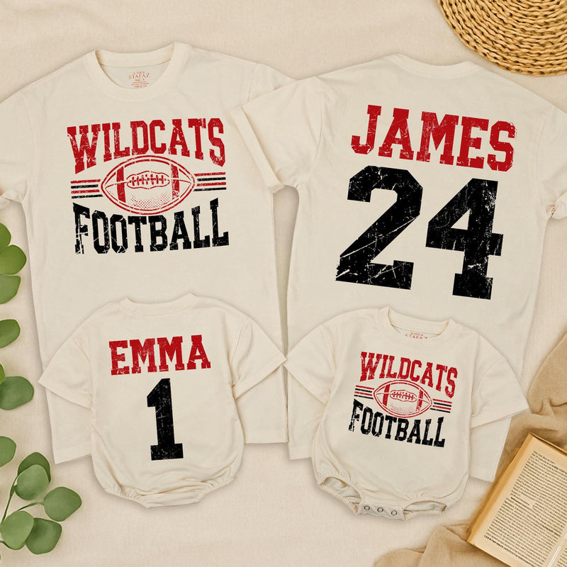 Personalized Football Team Name Shirt with Jersey Number Deep Red and Black Design Custom Toddler Baby Family Matching Game Day Outfit
