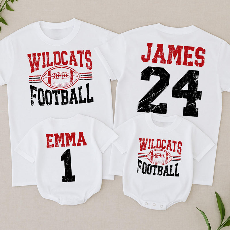 Personalized Football Team Name Shirt with Jersey Number Deep Red and Black Design Custom Toddler Baby Family Matching Game Day Outfit