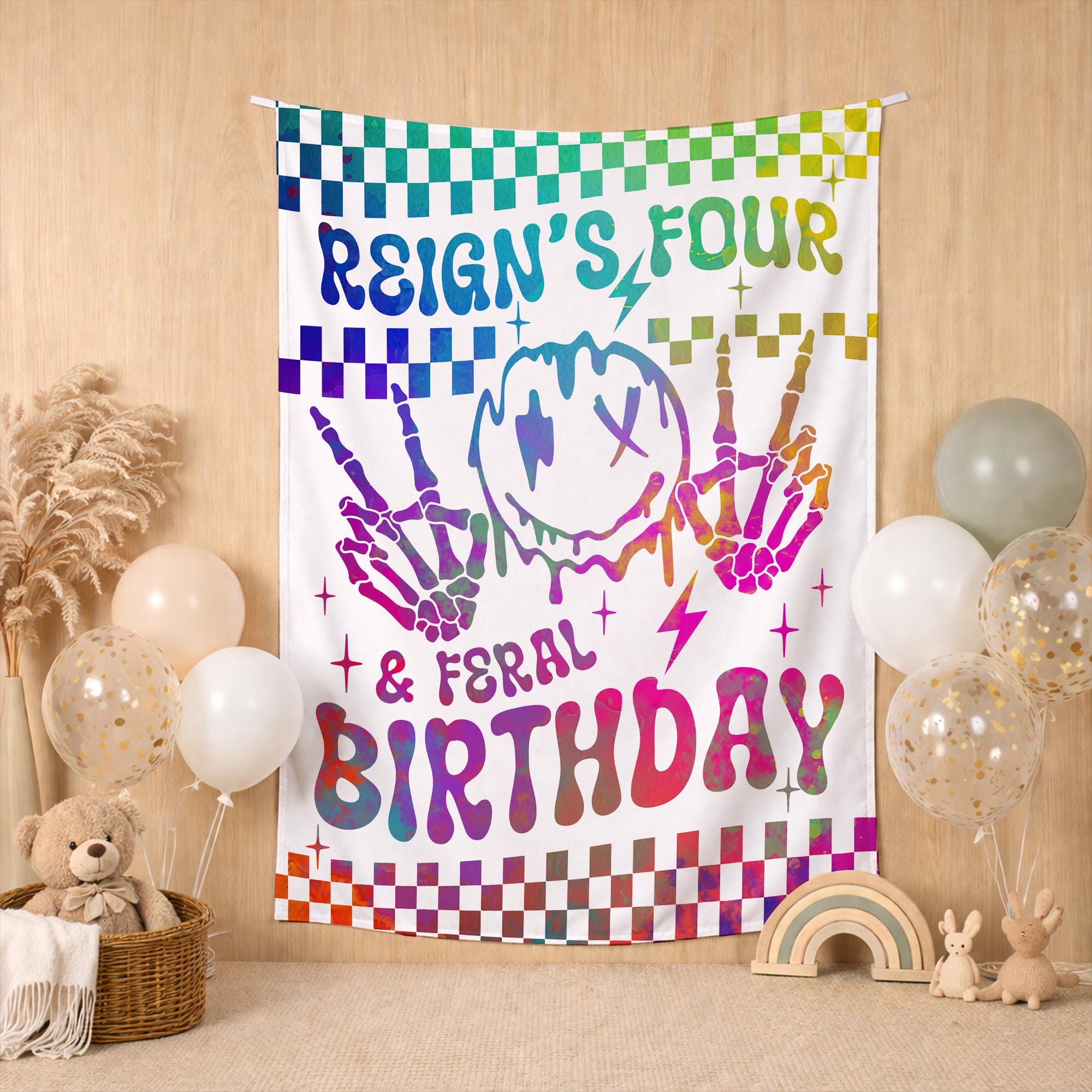 Personalized Four and Feral 4th Birthday Banner with Rainbow Gradient Checkered Backdrop, Melting Smiley, Skeleton Peace Signs, Y2K Party Decor