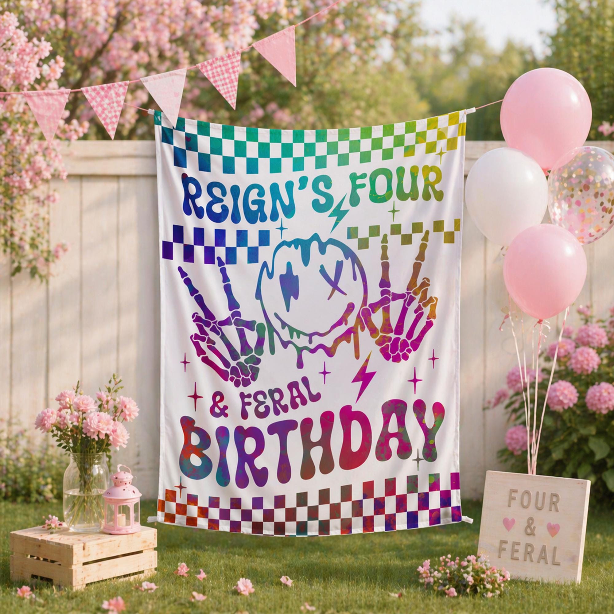 Personalized Four and Feral 4th Birthday Banner with Rainbow Gradient Checkered Backdrop, Melting Smiley, Skeleton Peace Signs, Y2K Party Decor