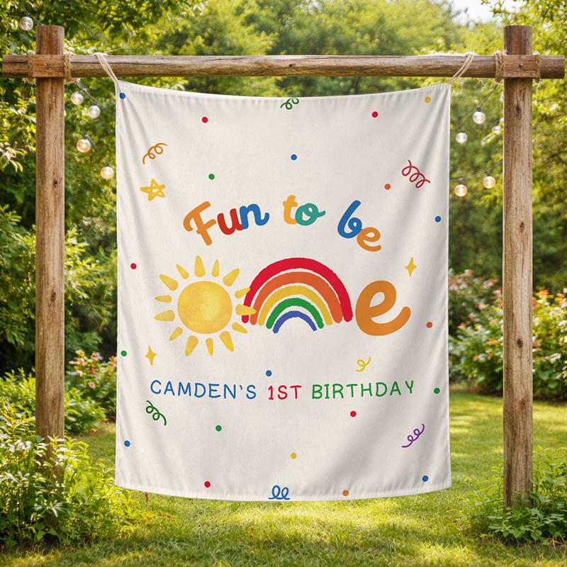 Personalized Fun to Be One 1st Birthday Banner Custom Colorful Rainbow Sun Party Backdrop Baby or Toddler Photo Decor Celebration