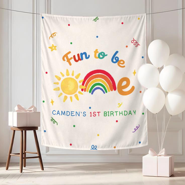 Personalized Fun to Be One 1st Birthday Banner Custom Colorful Rainbow Sun Party Backdrop Baby or Toddler Photo Decor Celebration