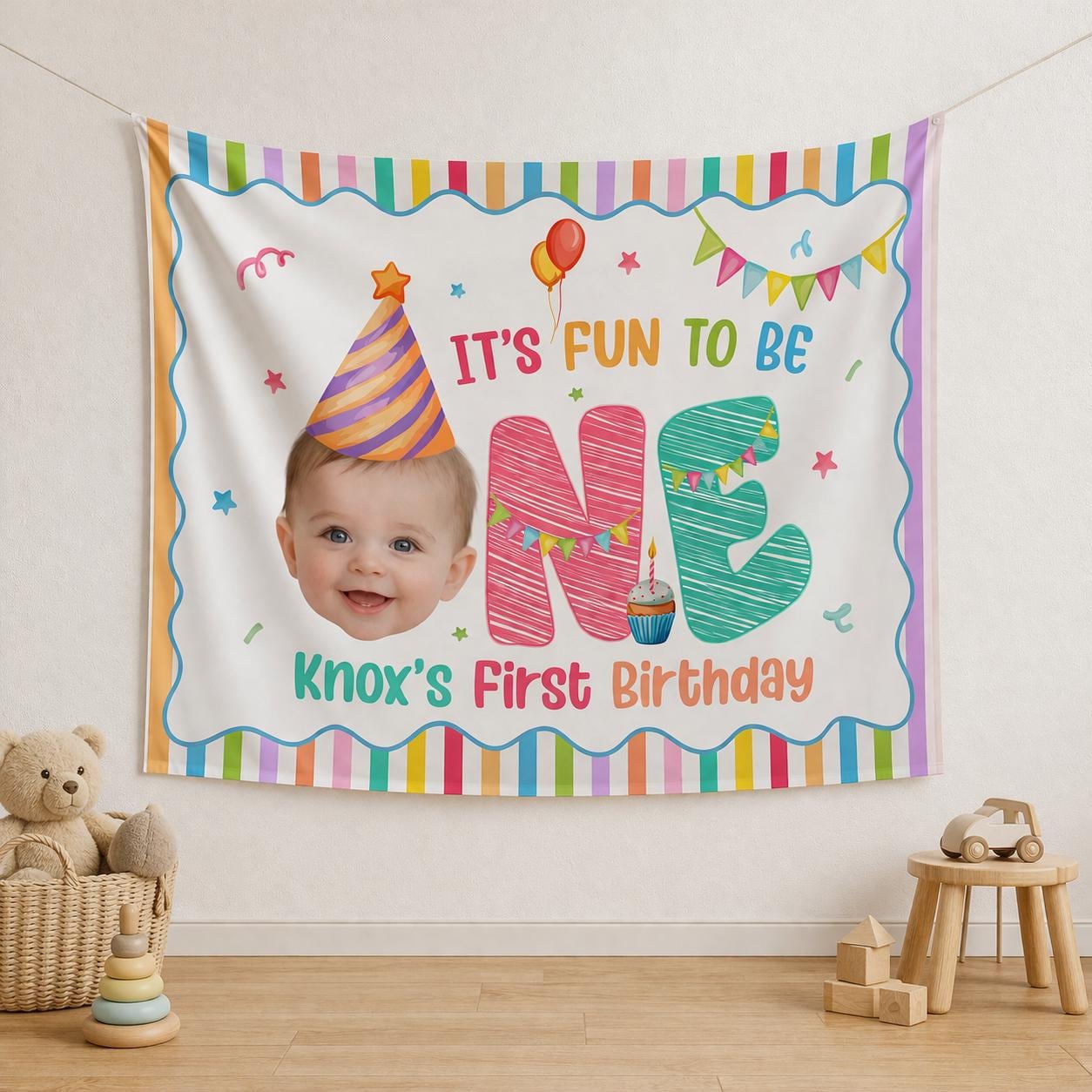 Personalized Fun to Be One Birthday Banner for Boys, Colorful Doodle Silk Party Backdrop, Custom First Birthday Celebration Decor