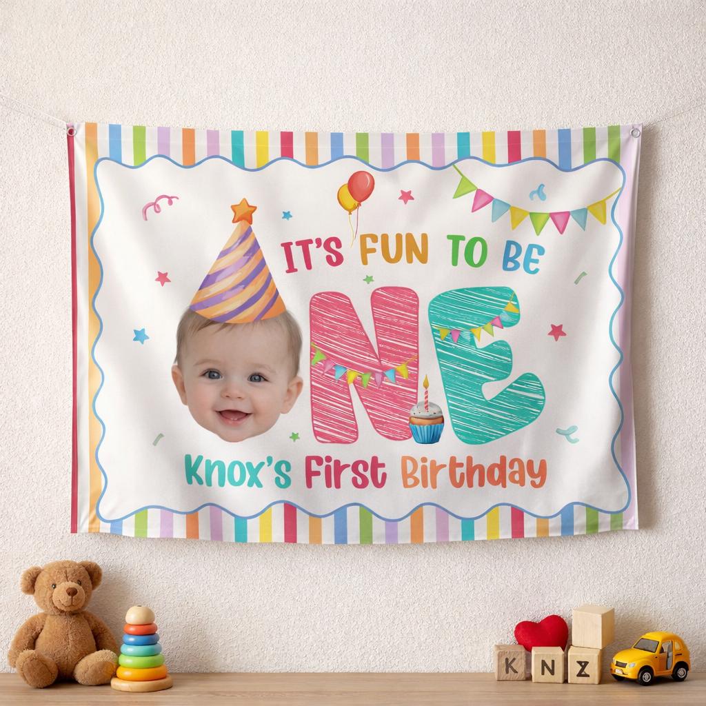 Personalized Fun to Be One Birthday Banner for Boys, Colorful Doodle Silk Party Backdrop, Custom First Birthday Celebration Decor