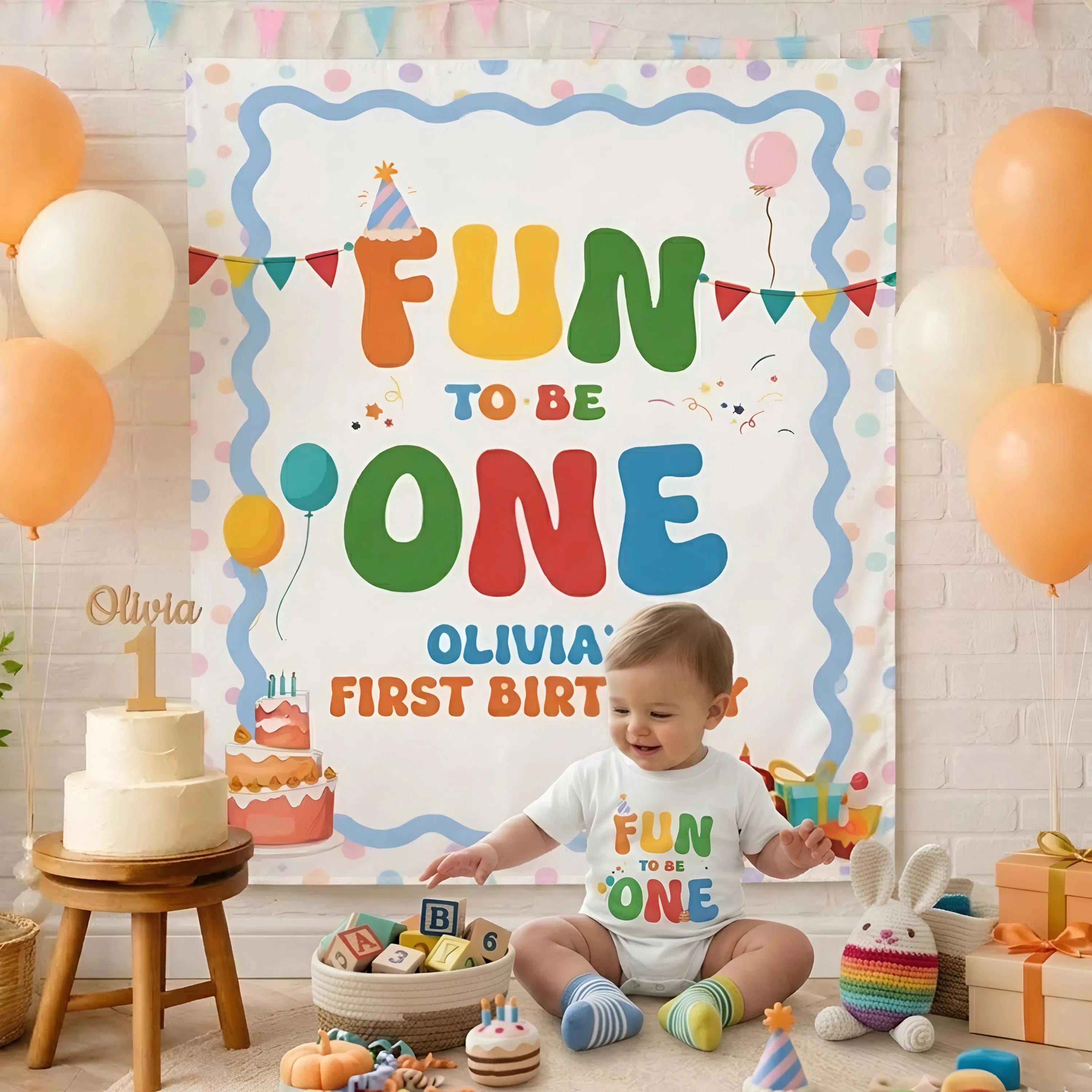 Personalized Fun to Be One Birthday Romper with Silk Banner Custom Baby Party Outfit Colorful 1st Birthday Boy Girl Celebration Gift