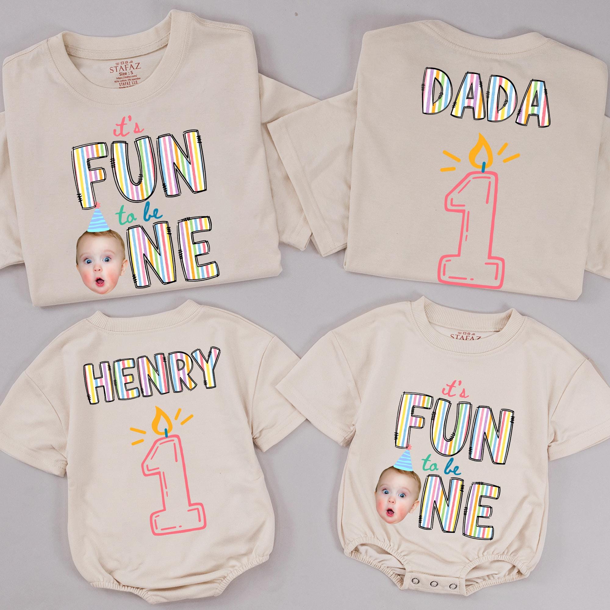 Personalized Fun to Be One Birthday Shirts with Baby Face and Graphics, Custom 1st Birthday Outfits for Toddler Girl or Boy Family Party