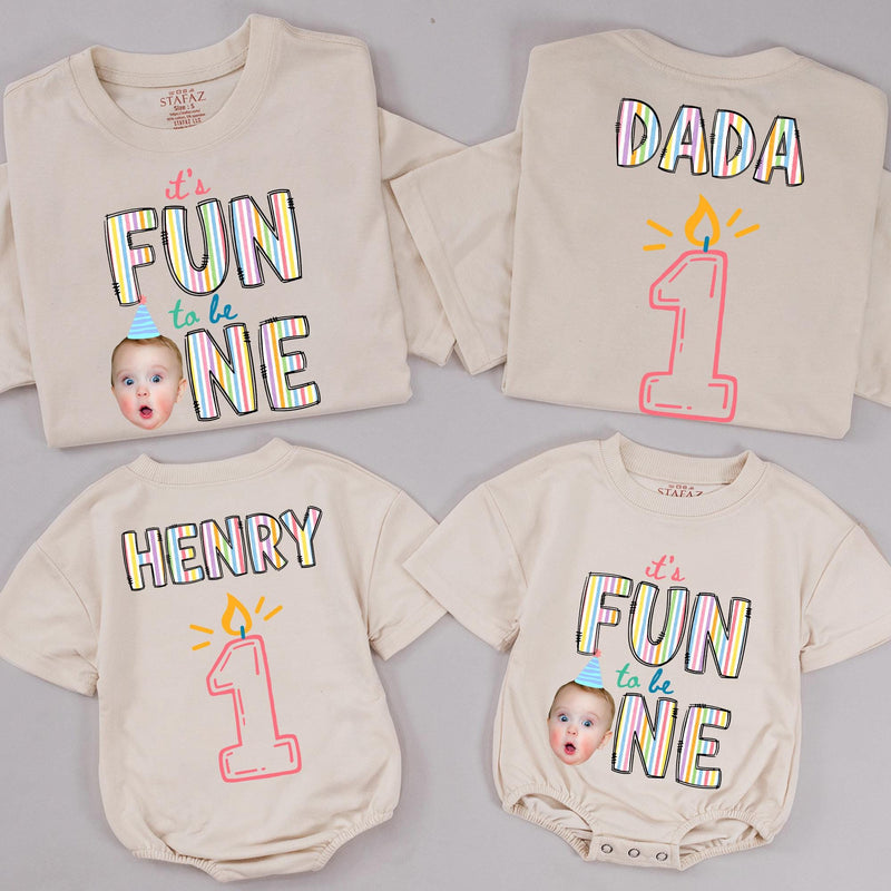 Personalized Fun to Be One Birthday Shirts with Baby Face and Graphics, Custom 1st Birthday Outfits for Toddler Girl or Boy Family Party