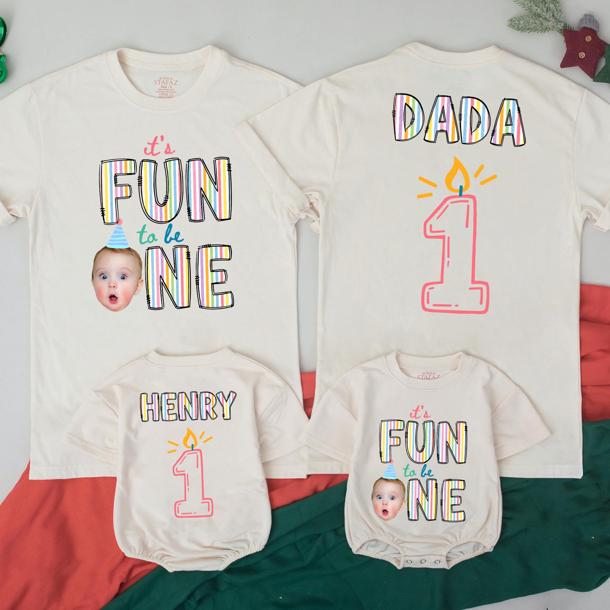 Personalized Fun to Be One Birthday Shirts with Baby Face and Graphics, Custom 1st Birthday Outfits for Toddler Girl or Boy Family Party