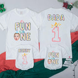Personalized Fun to Be One Birthday Shirts with Baby Face and Graphics, Custom 1st Birthday Outfits for Toddler Girl or Boy Family Party