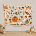 Personalized Fun To Be One Pumpkin First Birthday Silk Banner for Baby, Custom Name Fall Backdrop with Autumn Motifs for Party Photos