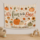 Personalized Fun To Be One Pumpkin First Birthday Silk Banner for Baby, Custom Name Fall Backdrop with Autumn Motifs for Party Photos