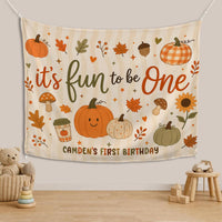 Personalized Fun To Be One Pumpkin First Birthday Silk Banner for Baby, Custom Name Fall Backdrop with Autumn Motifs for Party Photos