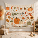Personalized Fun To Be One Pumpkin First Birthday Silk Banner for Baby, Custom Name Fall Backdrop with Autumn Motifs for Party Photos