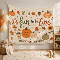 Personalized Fun To Be One Pumpkin First Birthday Silk Banner for Baby, Custom Name Fall Backdrop with Autumn Motifs for Party Photos