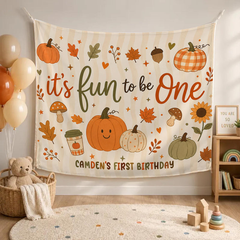 Personalized Fun To Be One Pumpkin First Birthday Silk Banner for Baby, Custom Name Fall Backdrop with Autumn Motifs for Party Photos