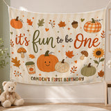 Personalized Fun To Be One Pumpkin First Birthday Silk Banner for Baby, Custom Name Fall Backdrop with Autumn Motifs for Party Photos