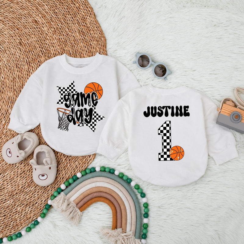 Personalized Game Day Basketball Romper Soft Cotton Baby Bodysuit Boys Birthday Outfit Checkered Star Number Design Custom Name Option